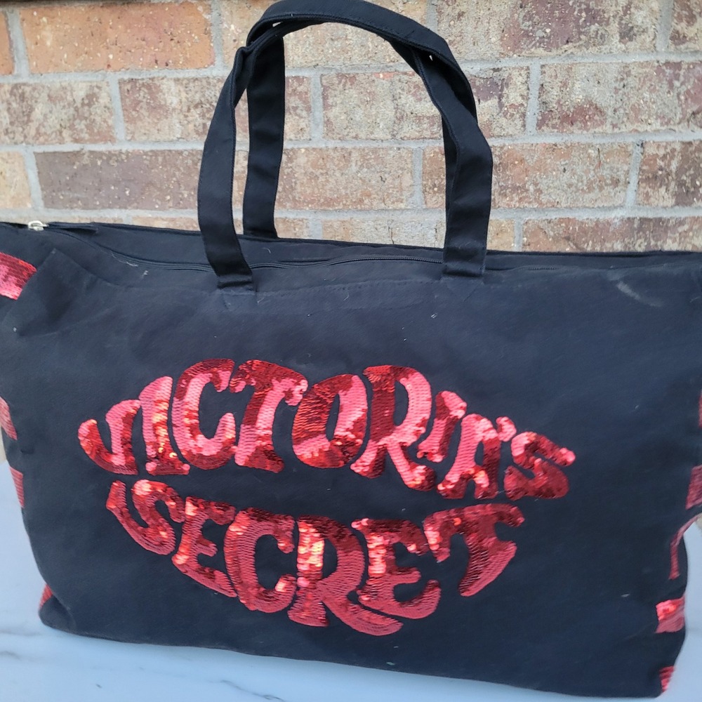 Victorias Secret Black Canvas Weekender Bag Red Sequin Logo Duffel 11149748